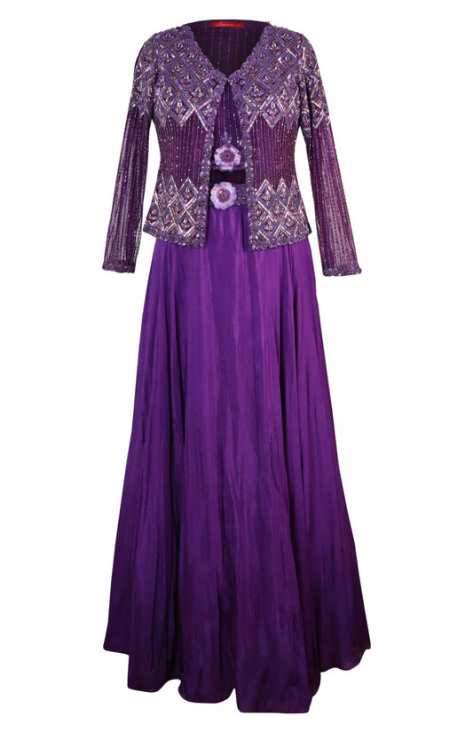 Crop Top Skirt With Embellished Jacket - PURPLE