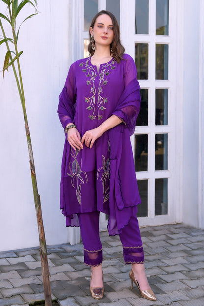 Georgette Suit With Holographic Embroidery - PURPLE