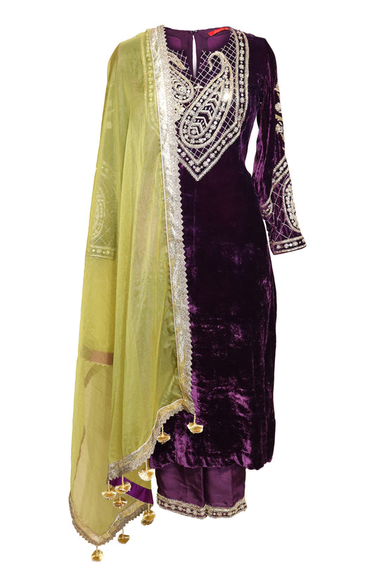 Velvet Suit With Paisley Embroidery - PURPLE