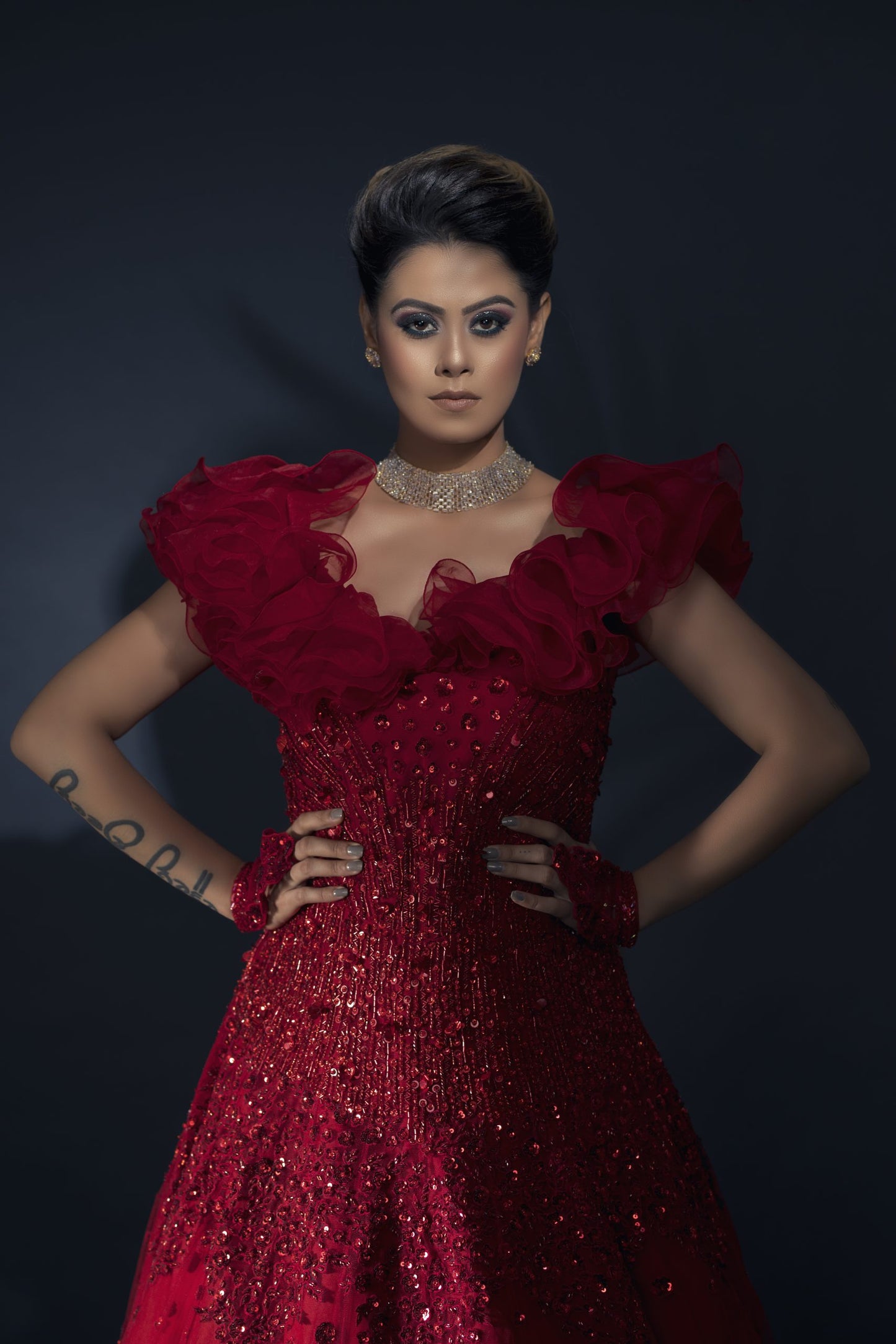 Ruffled Neck Gown - RED