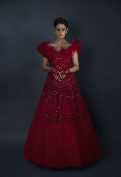Ruffled Neck Gown - RED