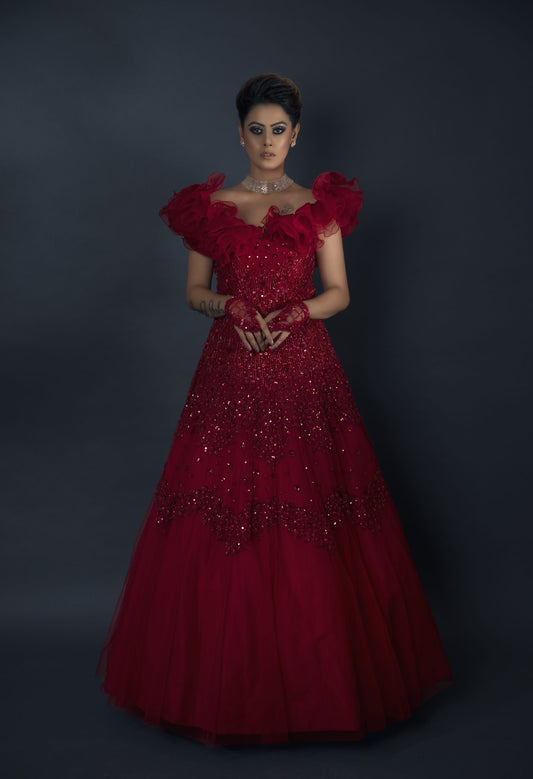 Ruffled Neck Gown - RED
