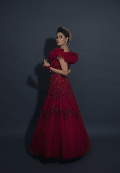 Ruffled Neck Gown - RED