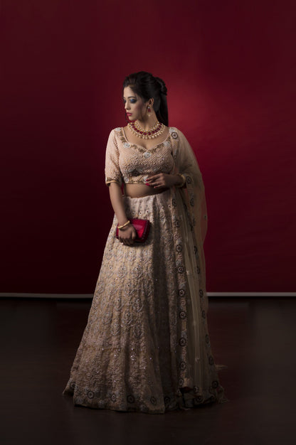 Peach Lehnga Choli With Japanese Glass Beads Embroidery