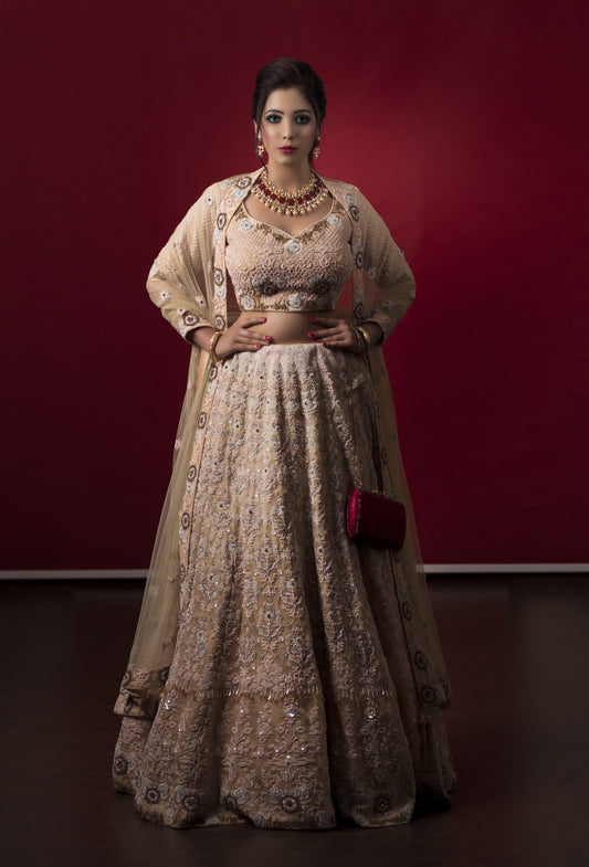 Peach Lehnga Choli With Japanese Glass Beads Embroidery