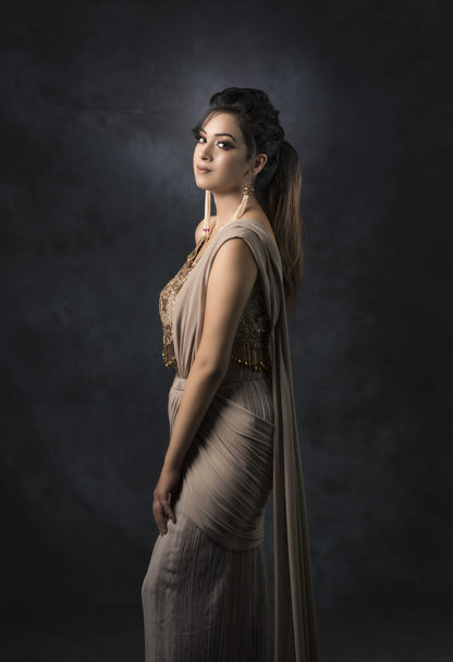 Grey Draped Saree With Zardozi Cut Work Blouse