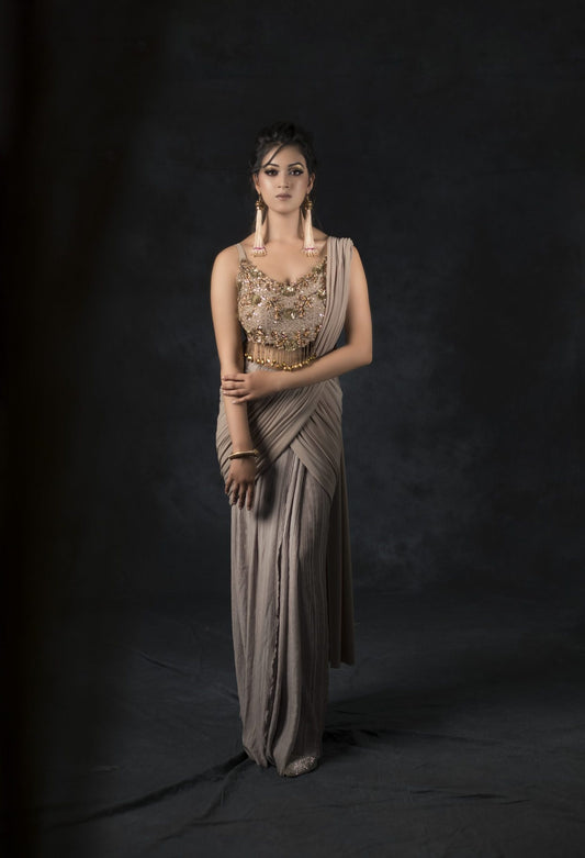 Grey Draped Saree With Zardozi Cut Work Blouse