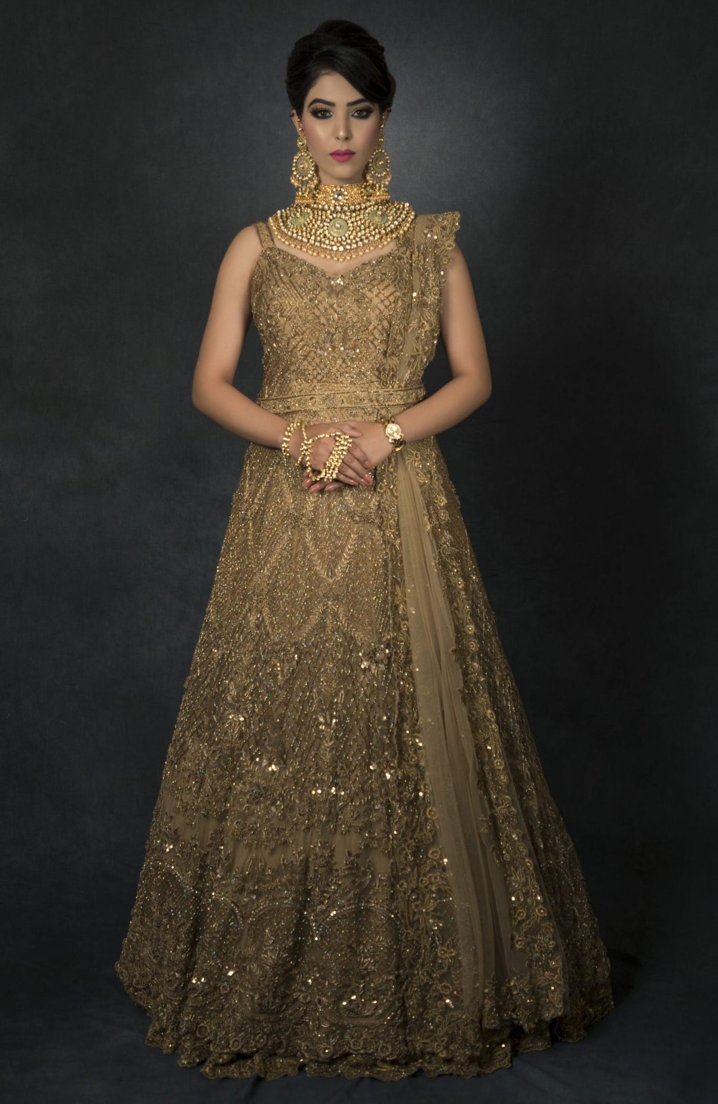 Golden Zardozi Embroidery Double Layer Gown