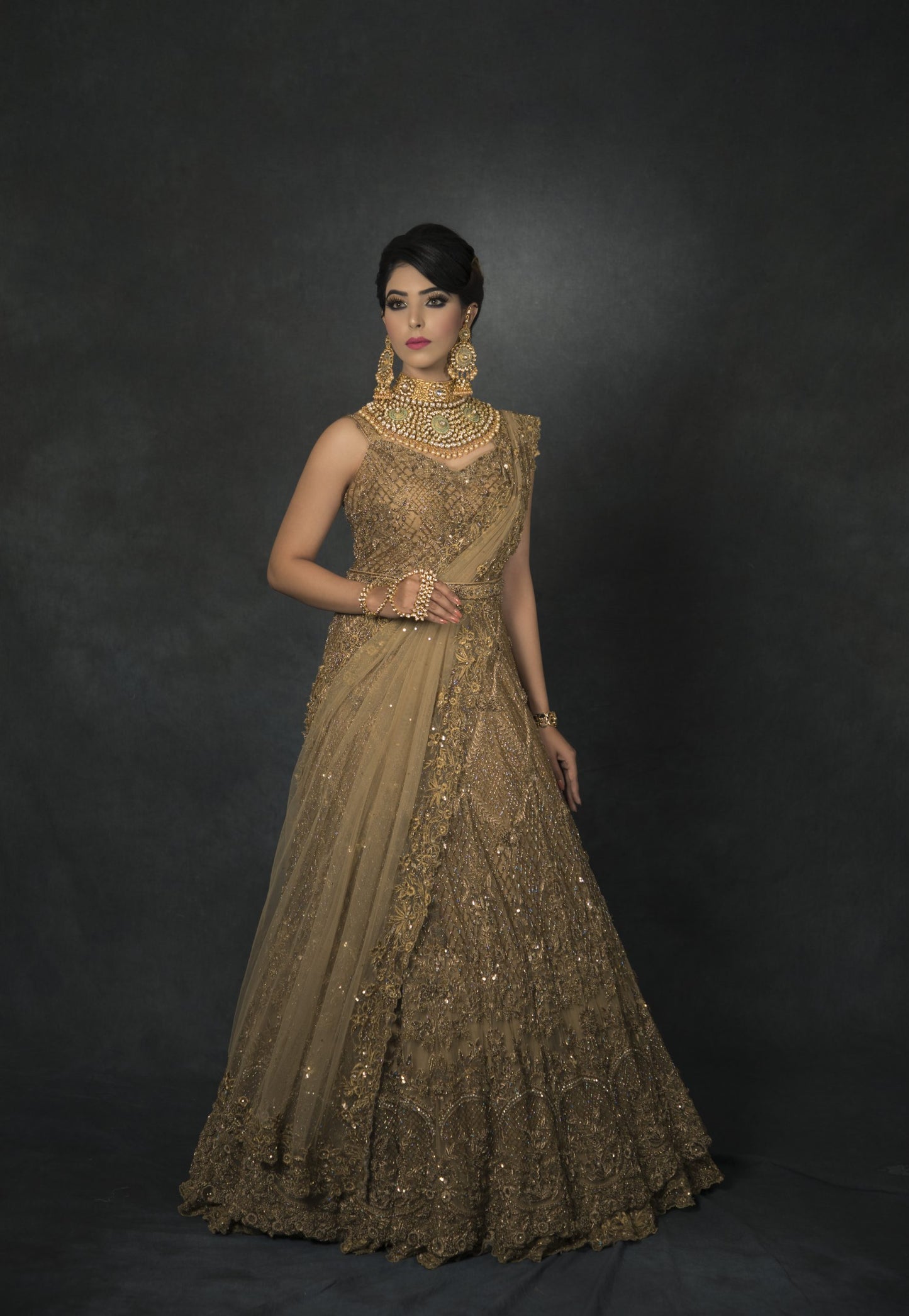 Golden Zardozi Embroidery Double Layer Gown