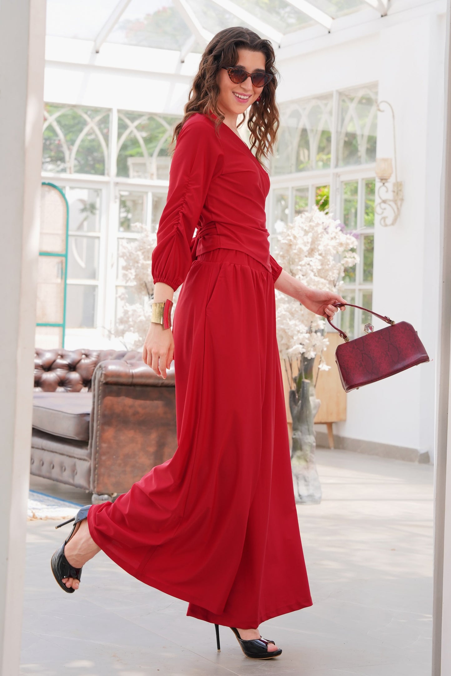 Lycra Wrap Top Co-ord Set - RED