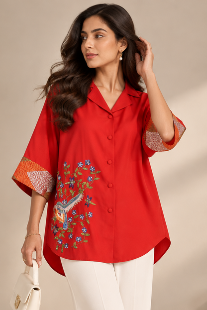 Georgette Shirt With Bird Motif