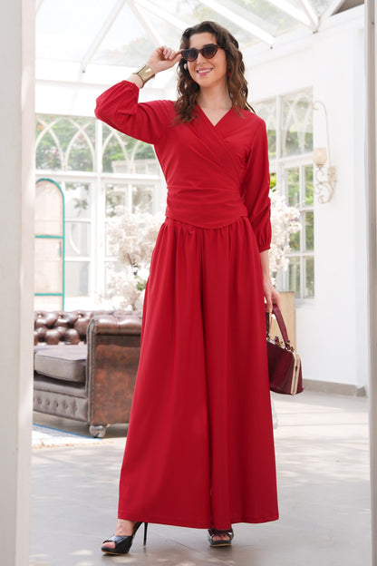 Lycra Wrap Top Co-ord Set - RED