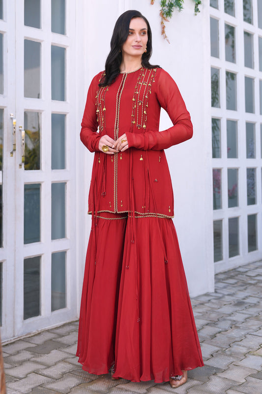 Tasseled Short Kurti With Gharara - RED