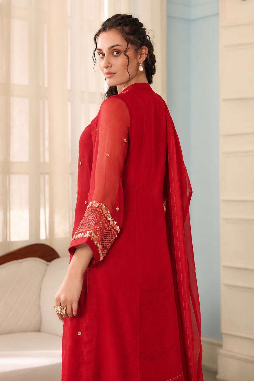 Zardozi Birds Silk Suit - RED