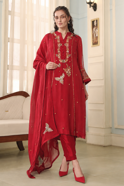 Zardozi Birds Silk Suit - MOUSE