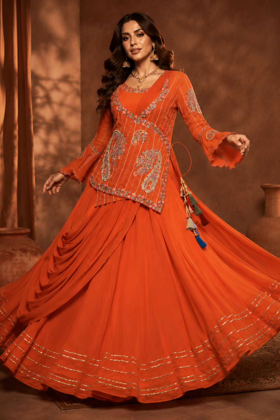 Chiffon Gown With Asymmetric Jacket - RUST