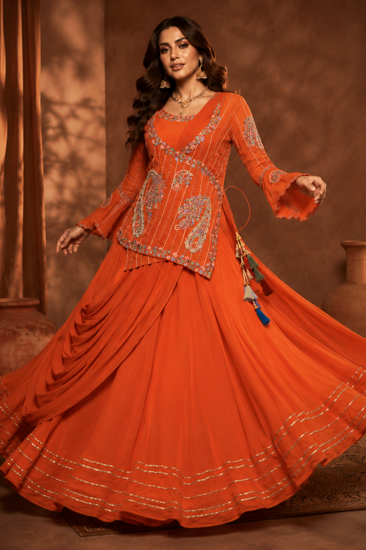 Chiffon Gown With Asymmetric Jacket - RUST