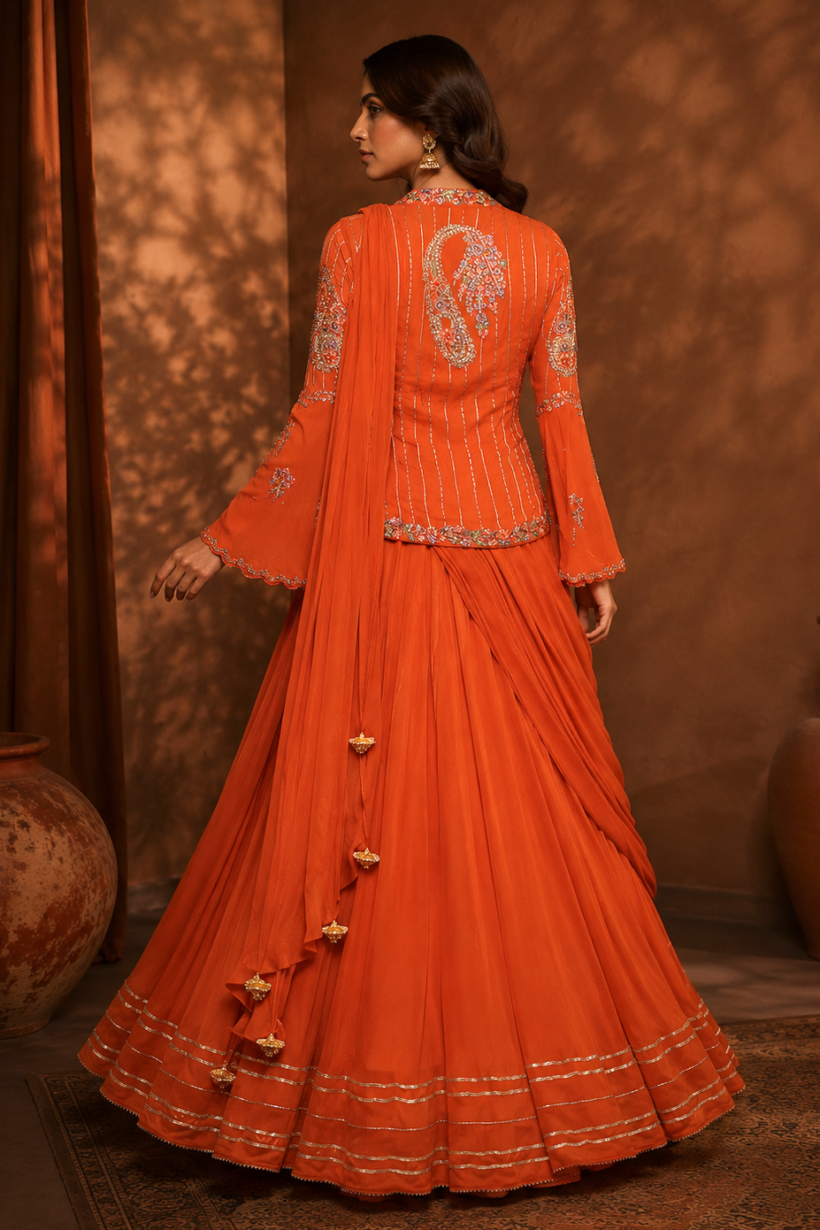 Chiffon Gown With Asymmetric Jacket - RUST