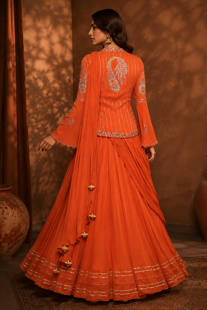 Chiffon Gown With Asymmetric Jacket - RUST