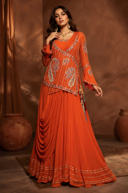 Chiffon Gown With Asymmetric Jacket - RUST
