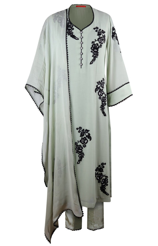 Georgette Black Motif Embroidery Suit - SAGE GREEN