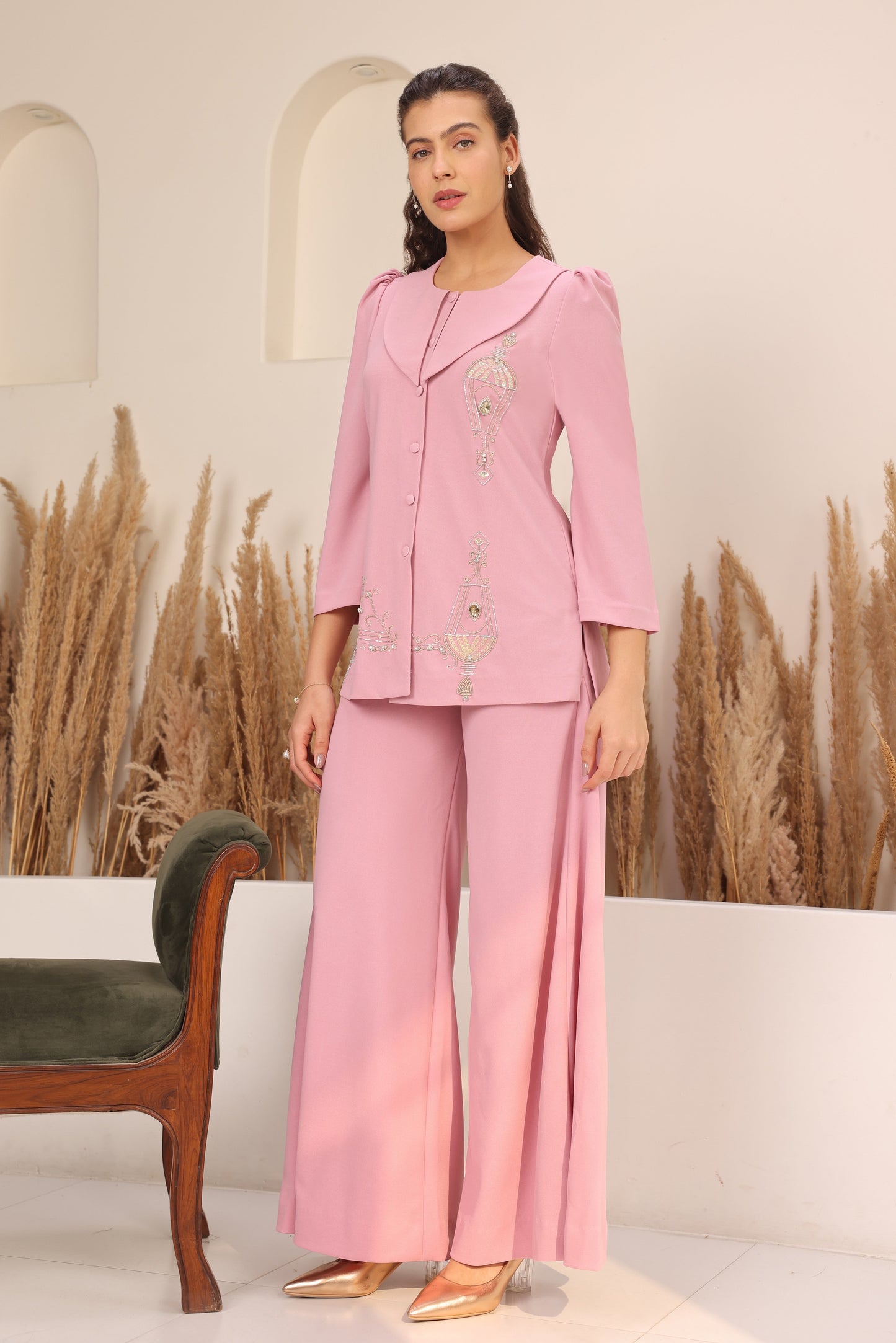 Sconce Co-ord Set With Flared Pants - PINK