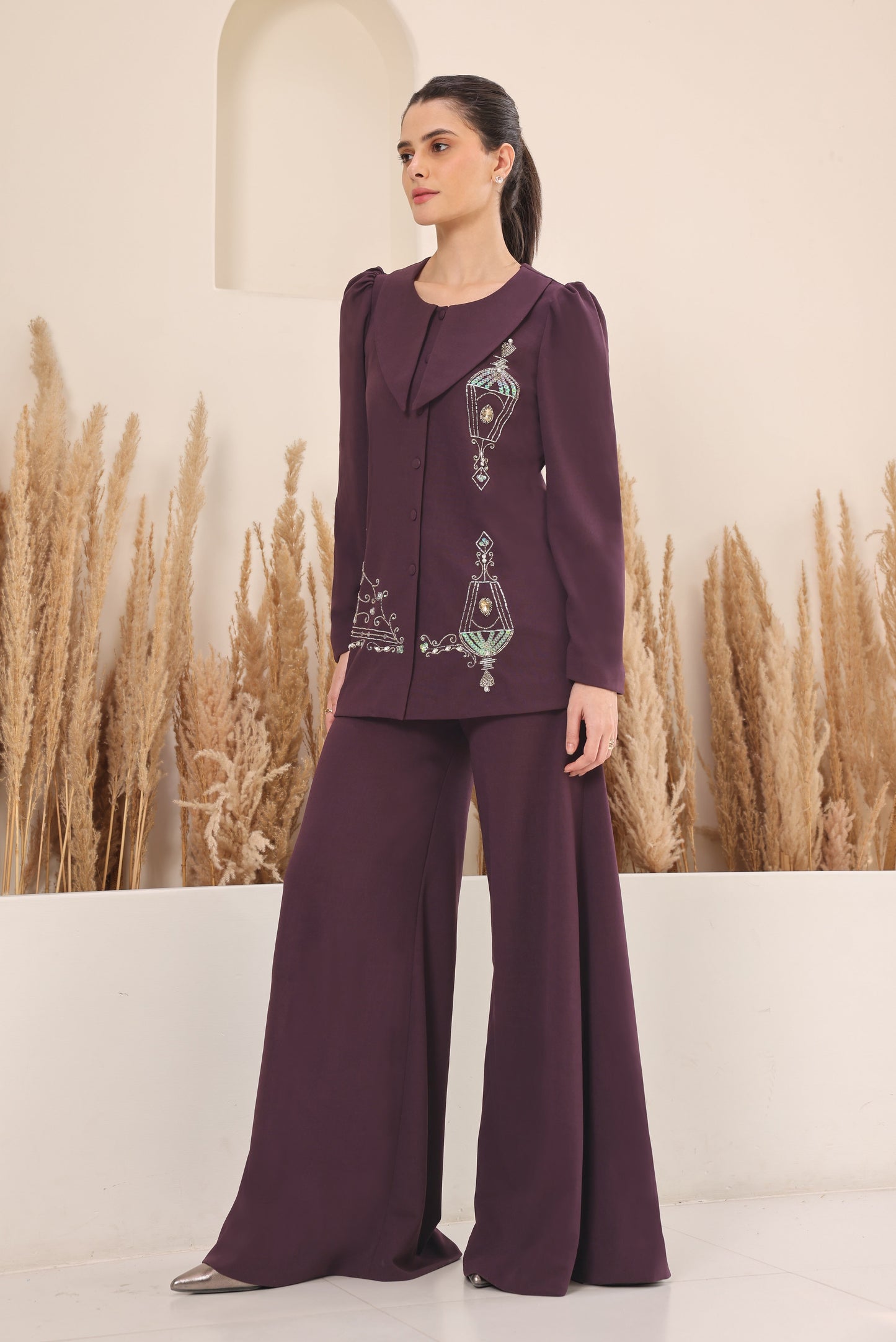 Sconce Co-ord Set With Flared Pants - PURPLE