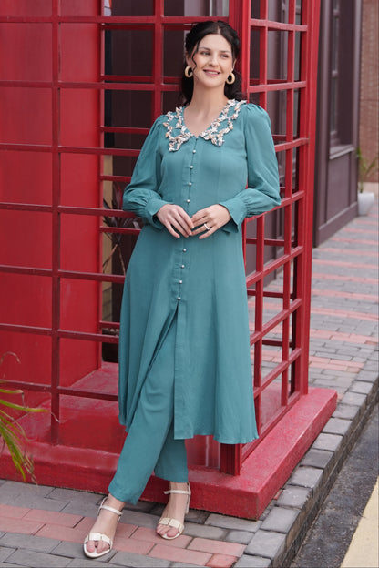 Sea Shells Kalidar Kurta Set - OLIVE