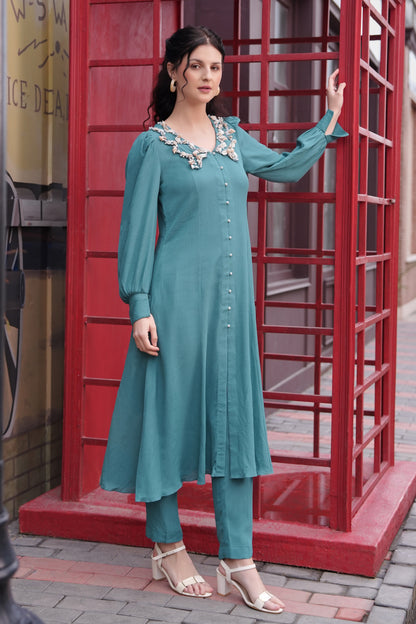 Sea Shells Kalidar Kurta Set - TEAL