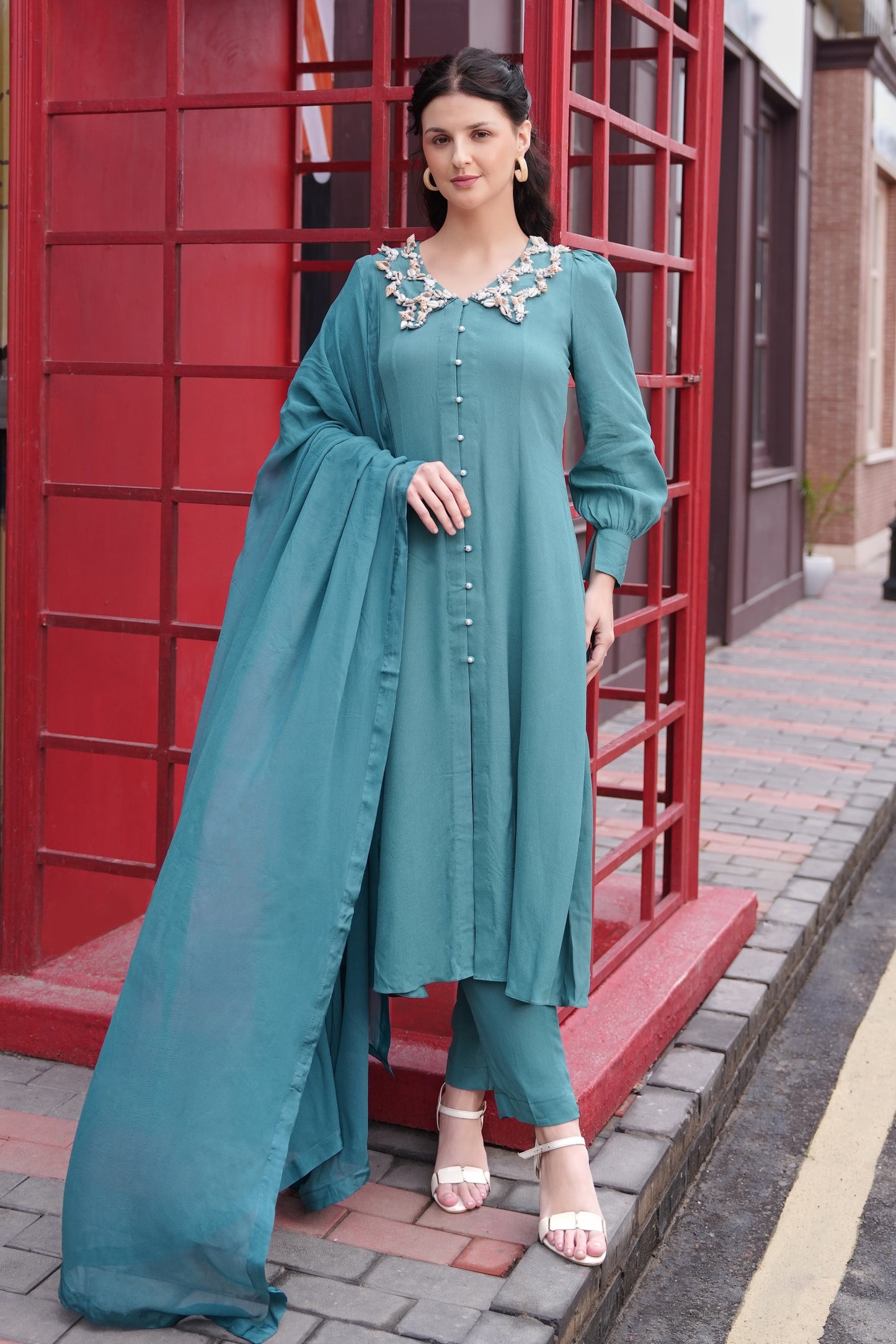 Sea Shells Kalidar Kurta Set - TEAL