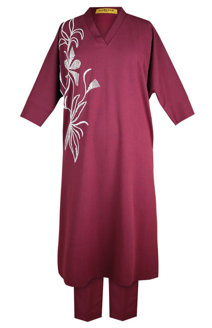 Seed Pearl Batwing Kurta Set - WINE
