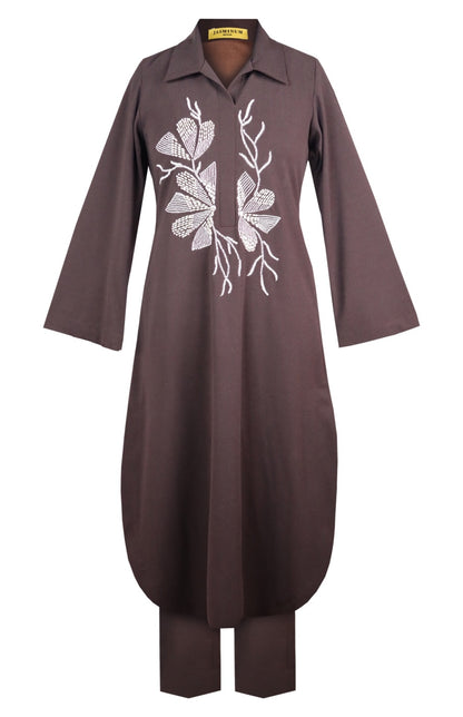 Seed Pearl U-cut Kurta Set - BROWN