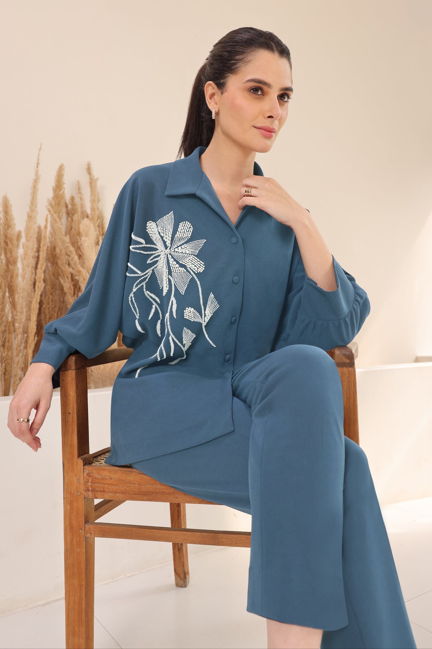 Seed Pearl Batwing Co-ord Set - INDIGO
