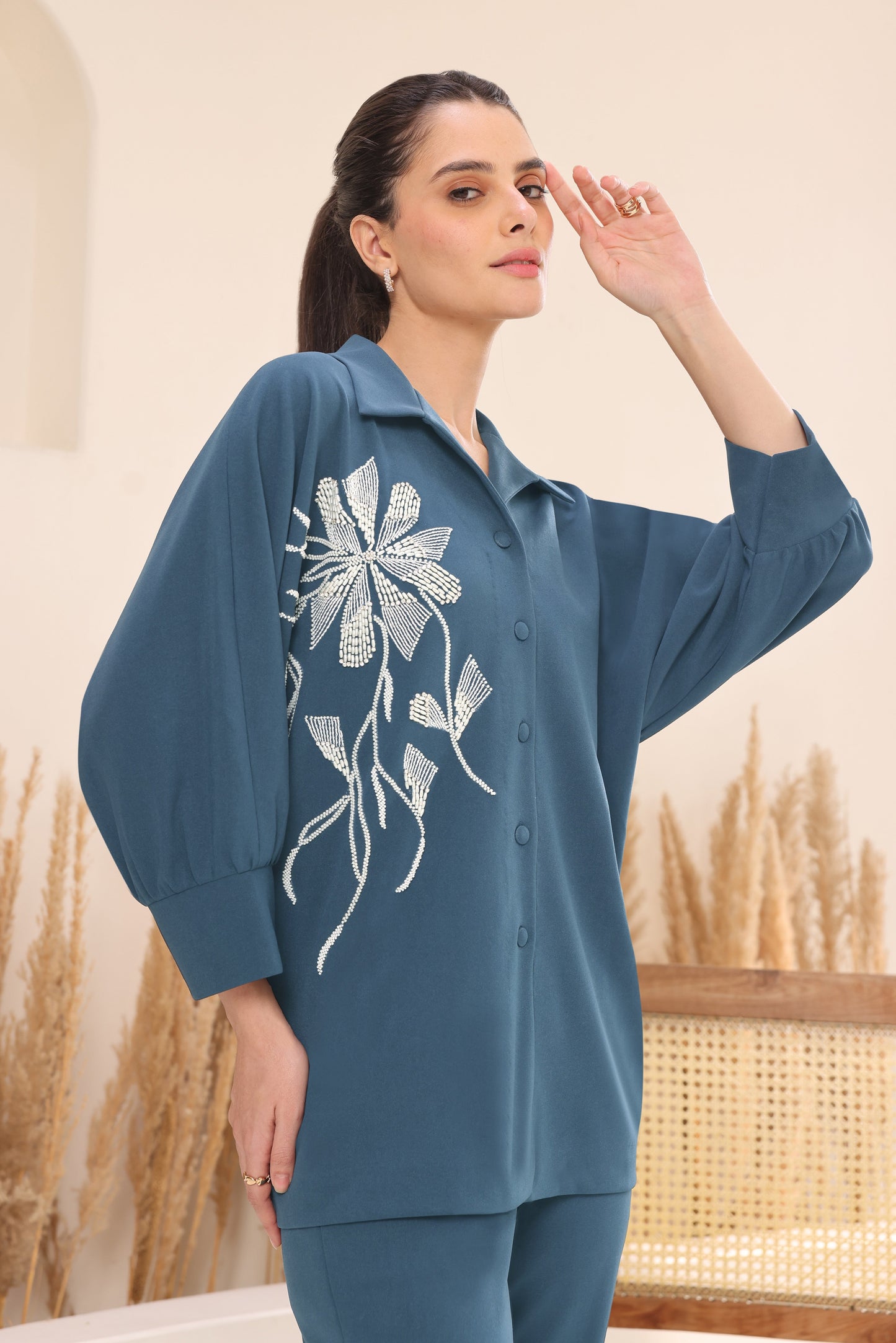 Seed Pearl Batwing Top - INDIGO