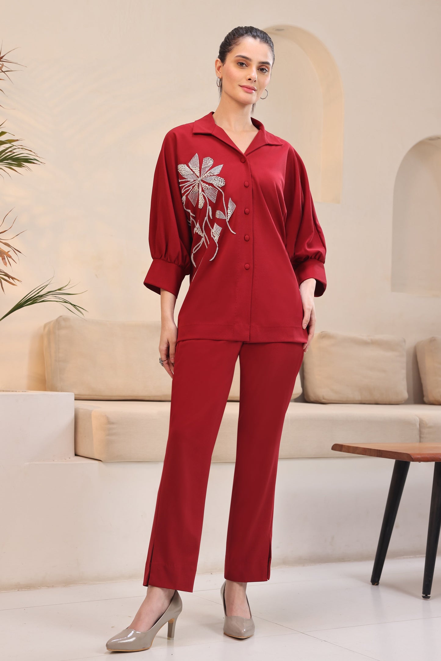 Seed Pearl Batwing Co-ord Set - RED