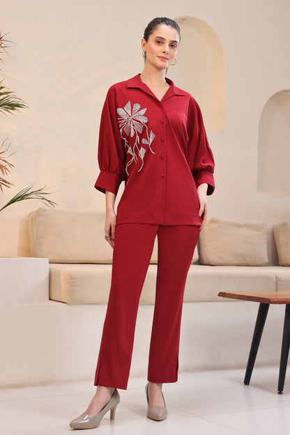 Seed Pearl Batwing Co-ord Set - RED