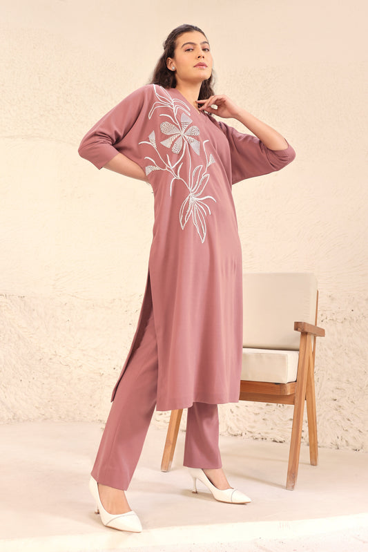 Seed Pearl Batwing Kurta Set - DUSTY ROSE