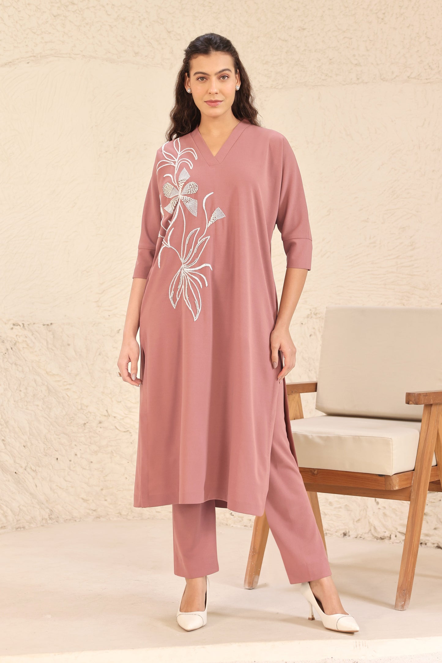 Seed Pearl Batwing Kurta Set - DUSTY ROSE
