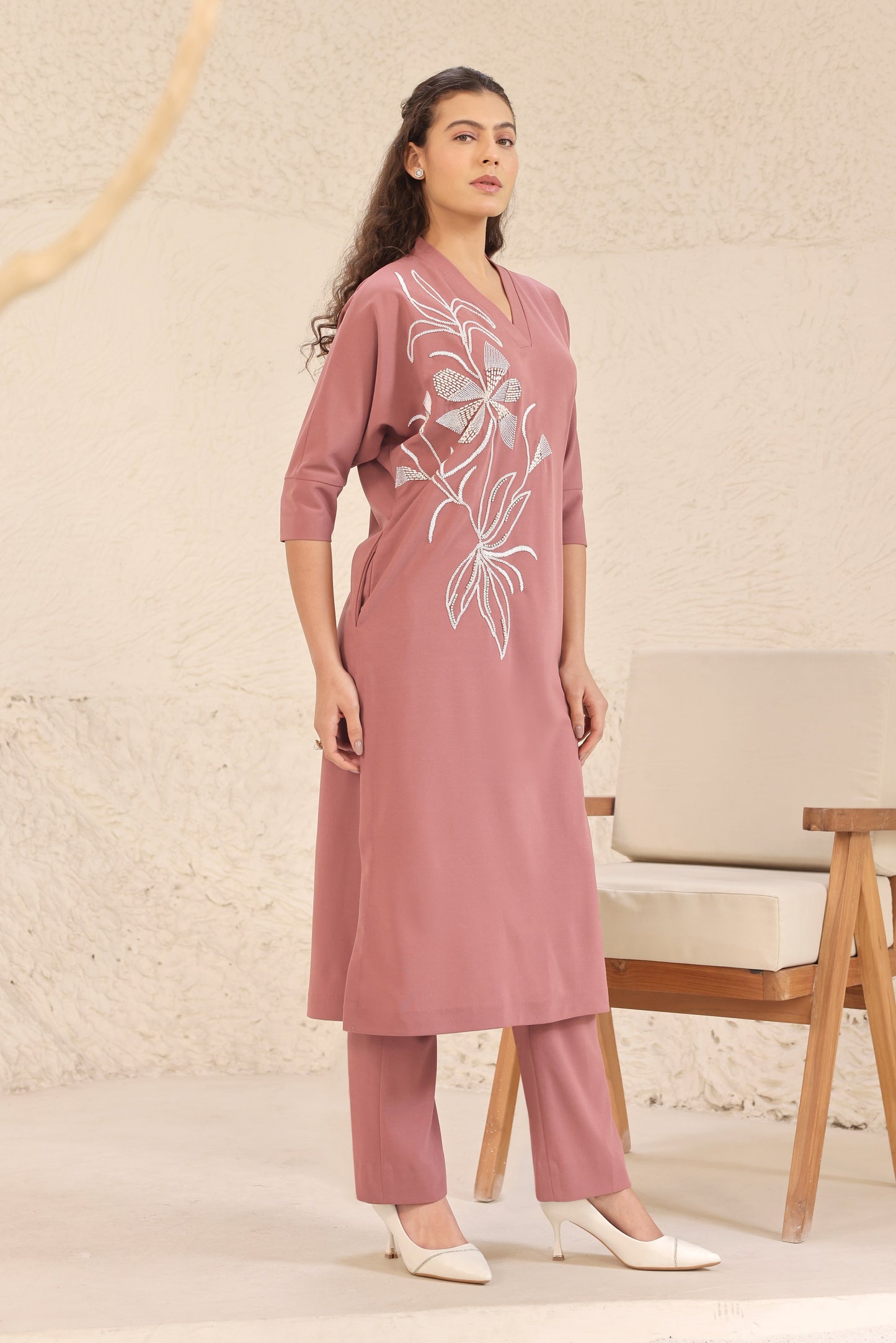 Seed Pearl Batwing Kurta Set - DUSTY ROSE