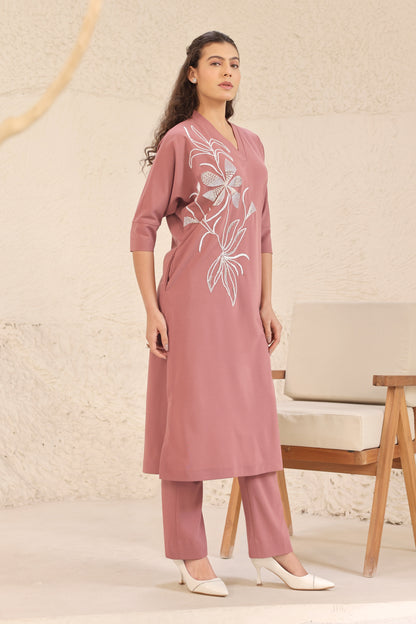 Seed Pearl Batwing Kurta Set - DUSTY ROSE