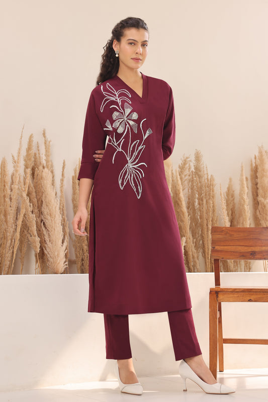 Seed Pearl Batwing Kurta Set - WINE