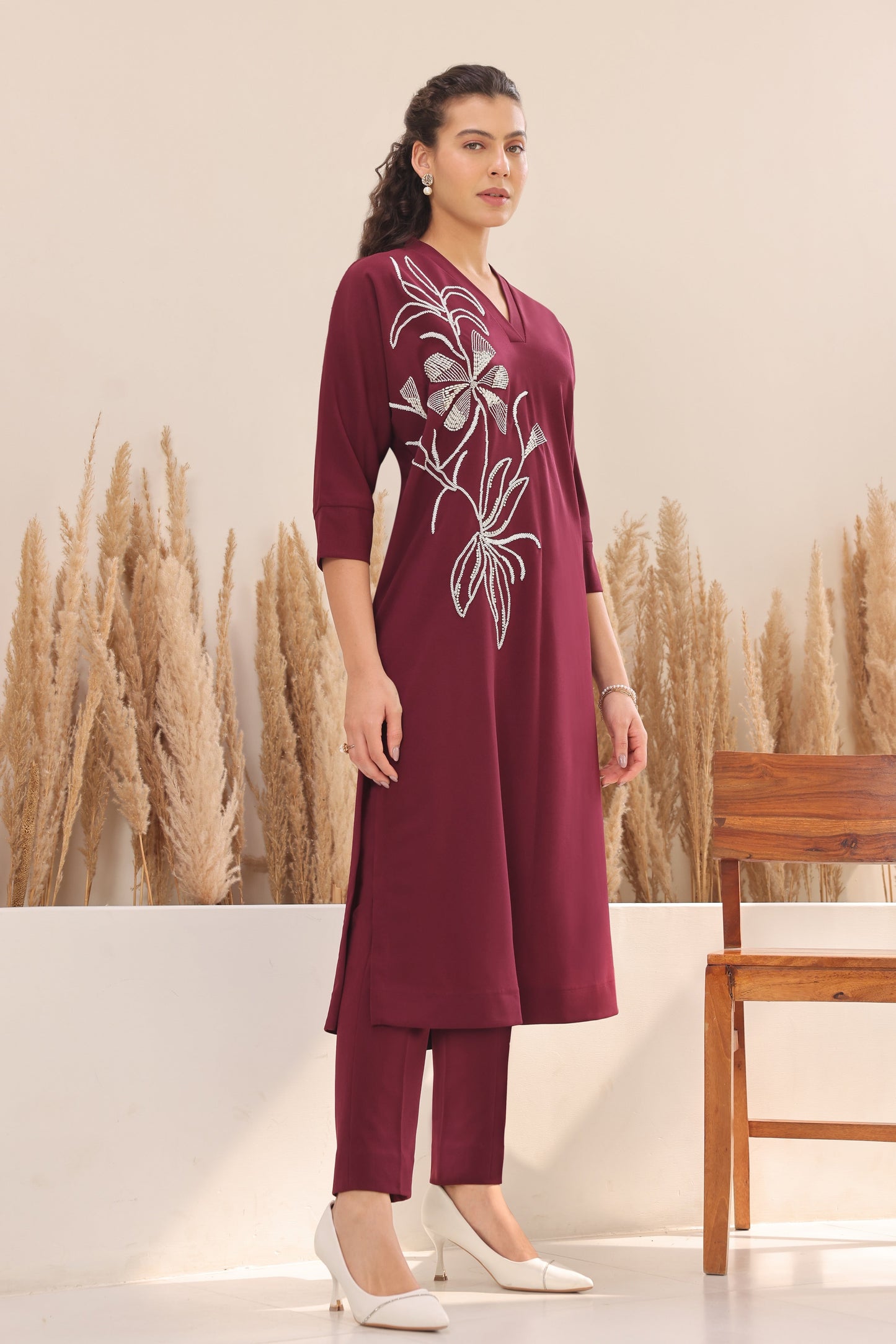 Seed Pearl Batwing Kurta Set - WINE