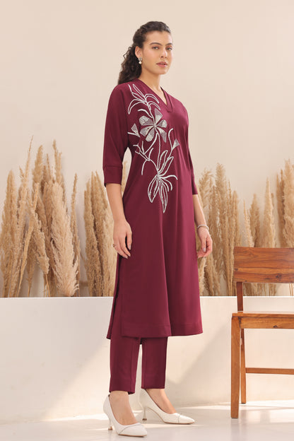 Seed Pearl Batwing Kurta Set - WINE
