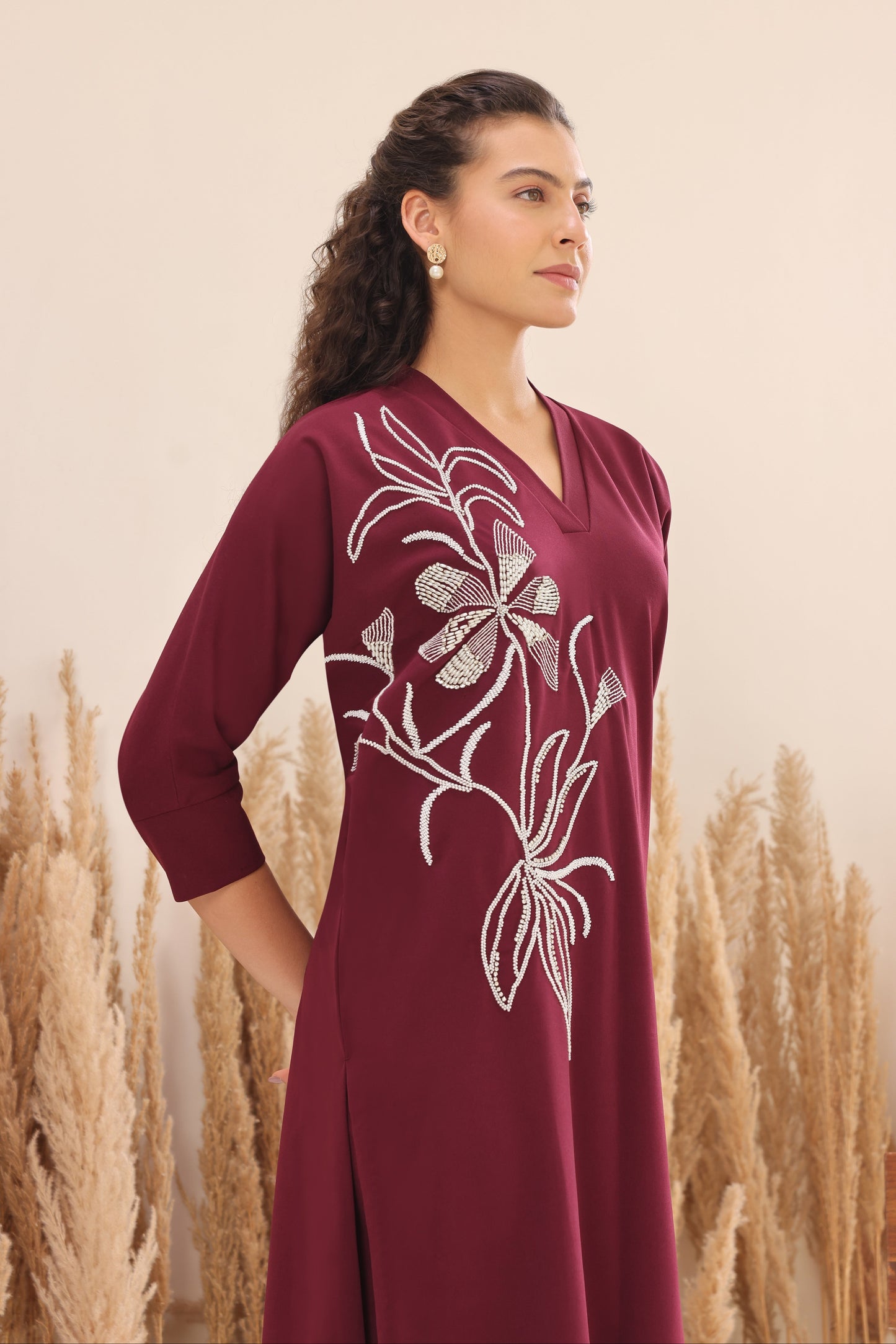 Seed Pearl Batwing Kurta Set - WINE