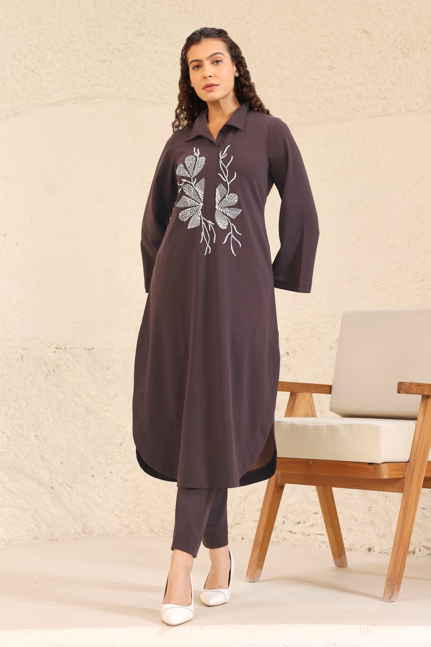 Seed Pearl U-cut Kurta Set - BROWN