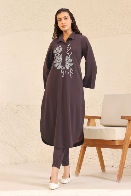 Seed Pearl U-cut Kurta Set - BROWN