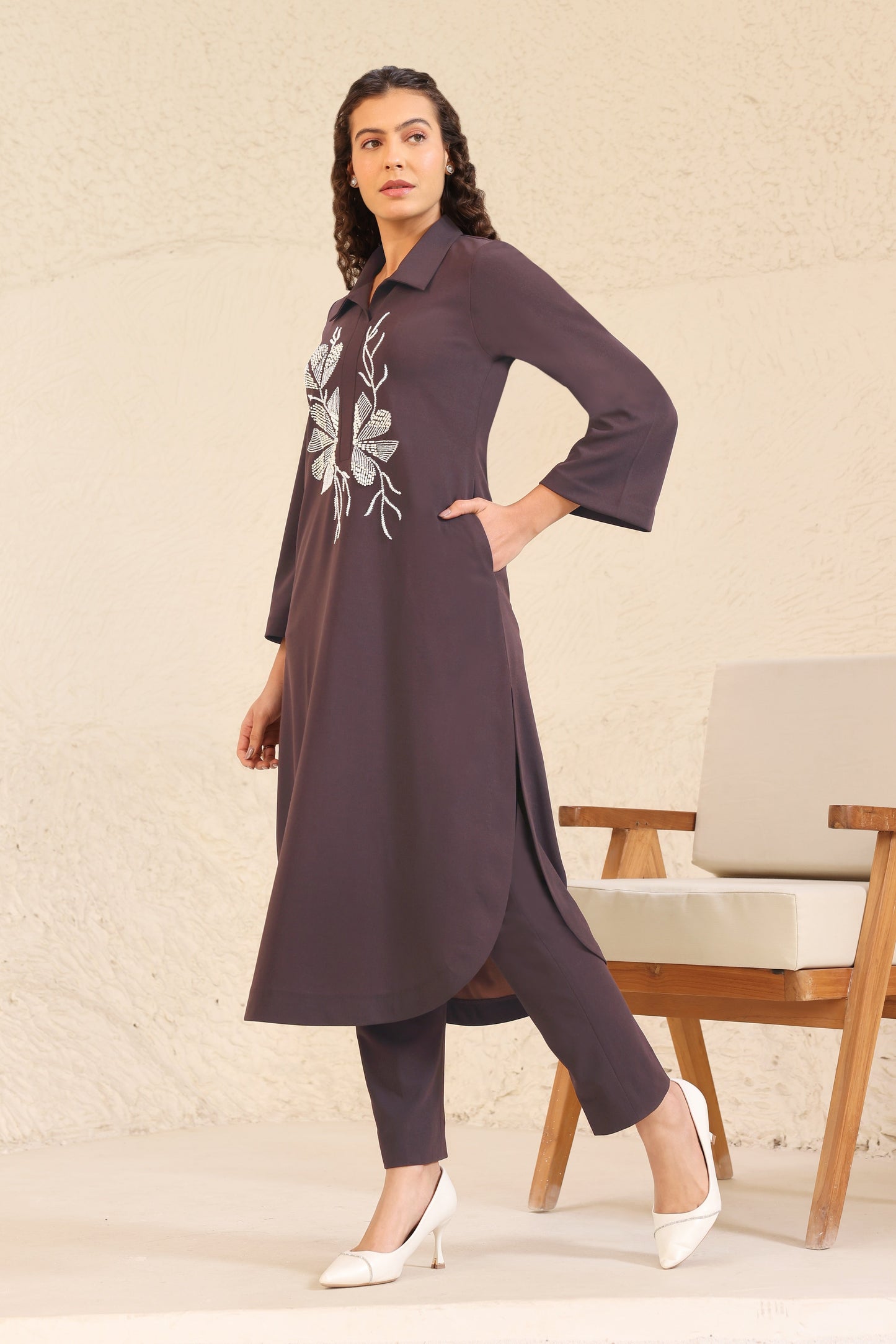 Seed Pearl U-cut Kurta Set - BROWN
