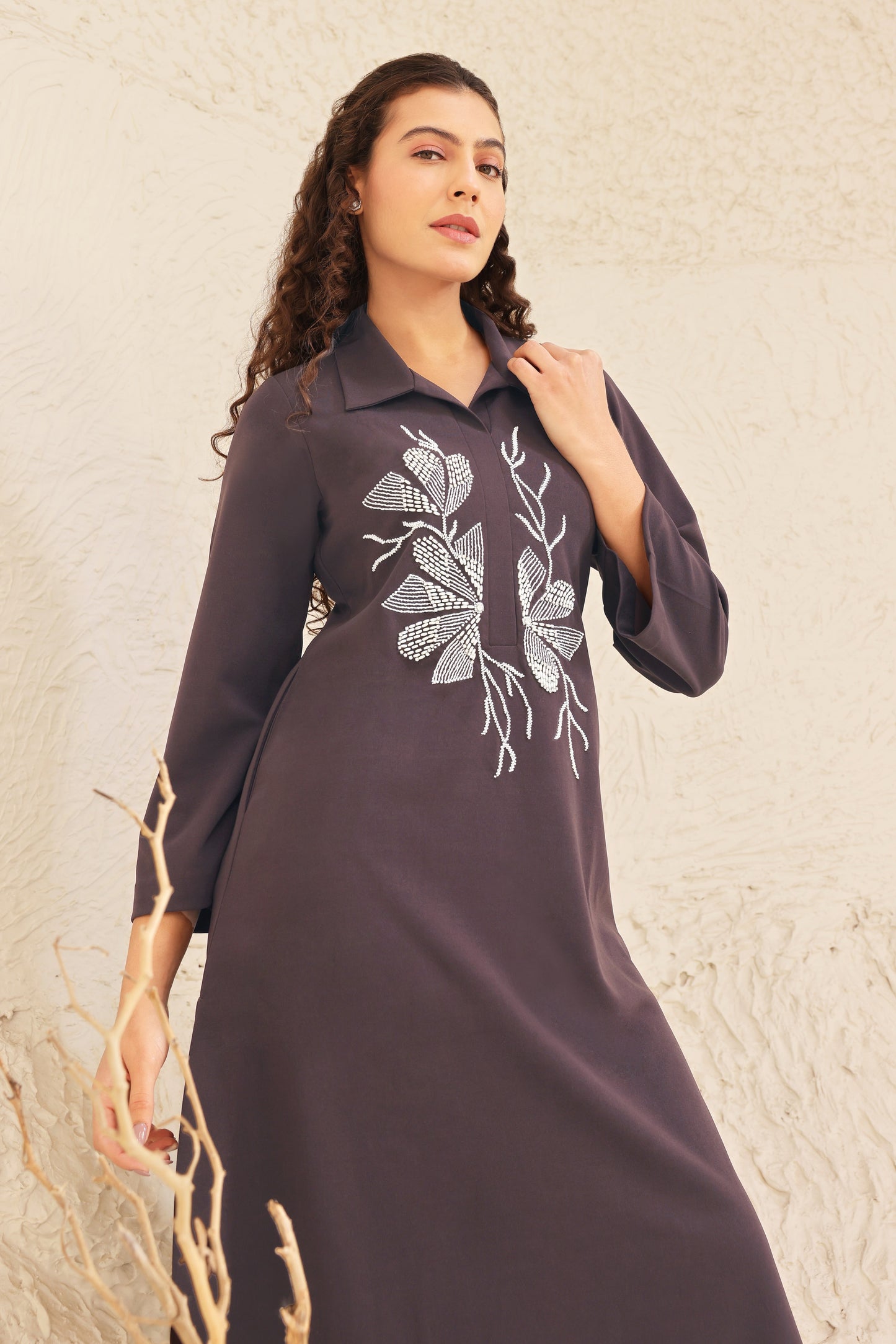 Seed Pearl U-cut Kurta Set - BROWN