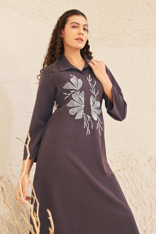 Seed Pearl U-cut Kurta Set - BROWN