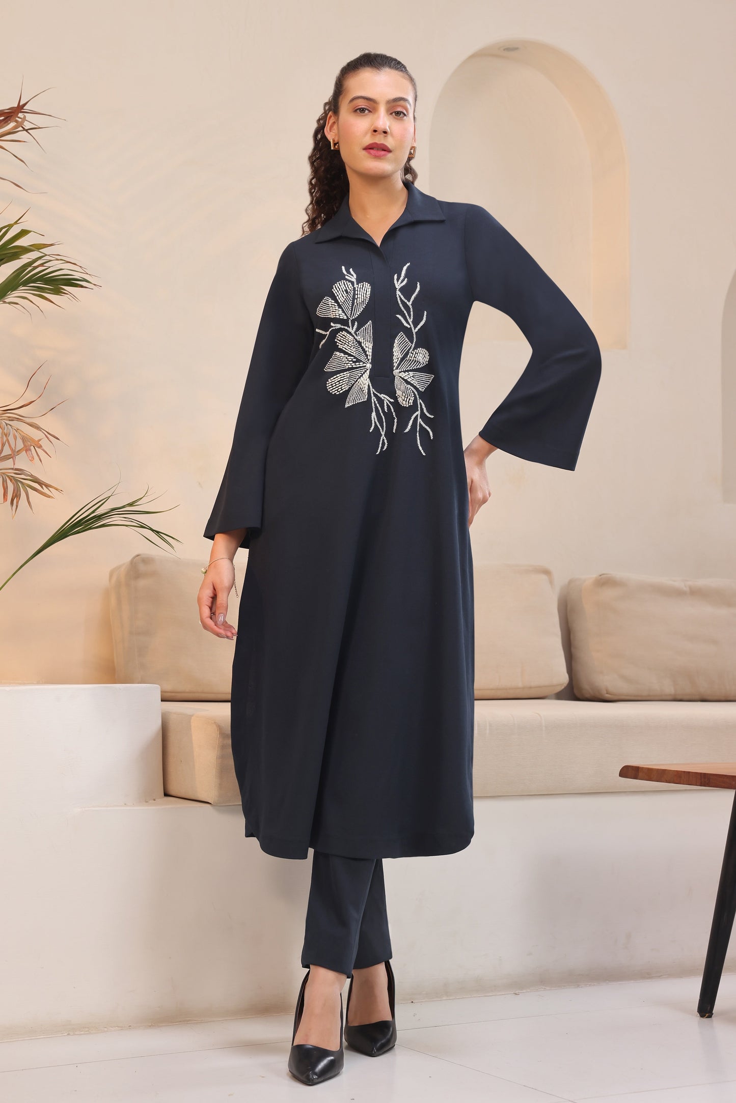 Seed Pearl U-cut Kurta Set - NAVY